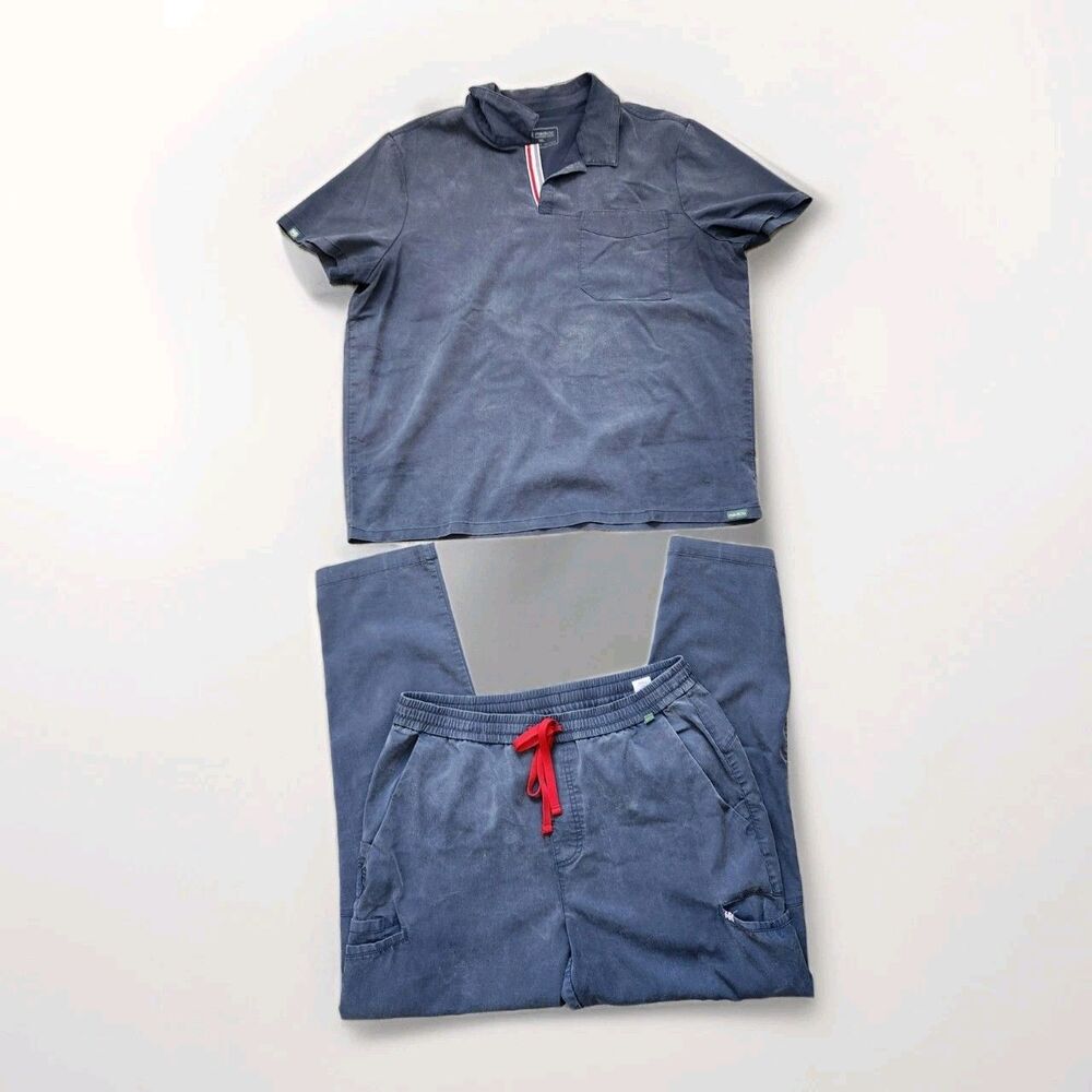 Mediclo Mens Scrub Set Blue Tencel Blend Sz XXL Top, Sz L Straight Leg Bottoms